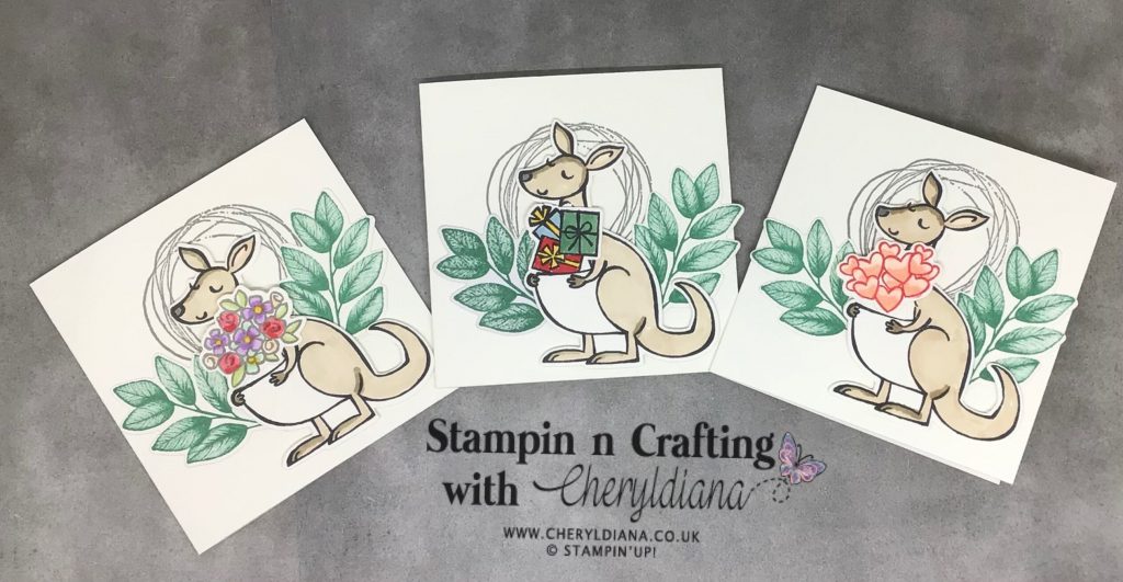 Three different occasion cards using the Kangaroo and Company Bundle