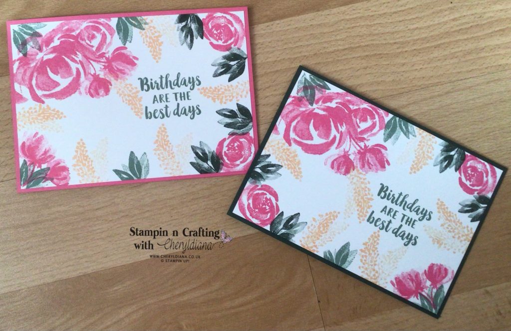 Photo showing simple stamping birthday cards using Beautiful Friendship stamp set and 2021-2023 In Colors-  Polished Pink, Evening Evergreen, Pale Papaya and Soft Succulent
