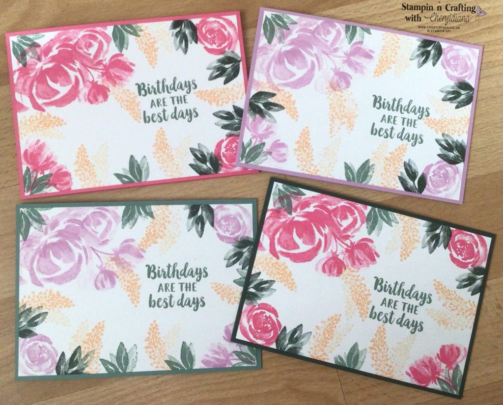 Photo showing simple stamping birthday cards using Beautiful Friendship stamp set and 2021-2023 In Colors-  Polished Pink, Fresh Freesia, Evening Evergreen, Pale Papaya and Soft Succulent