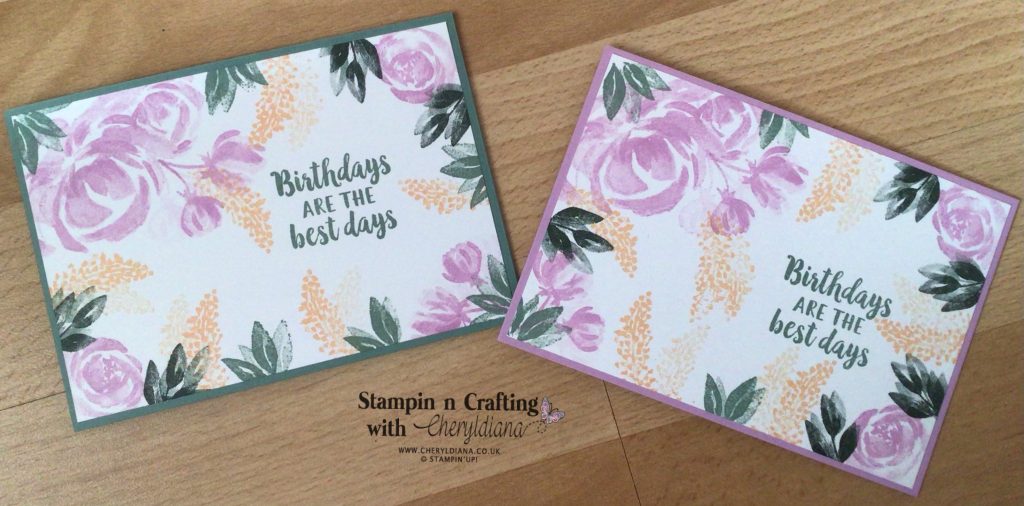 Photo showing simple stamping birthday cards using Beautiful Friendship stamp set and 2021-2023 In Colors-  Fresh Freesia, Evening Evergreen, Pale Papaya and Soft Succulent