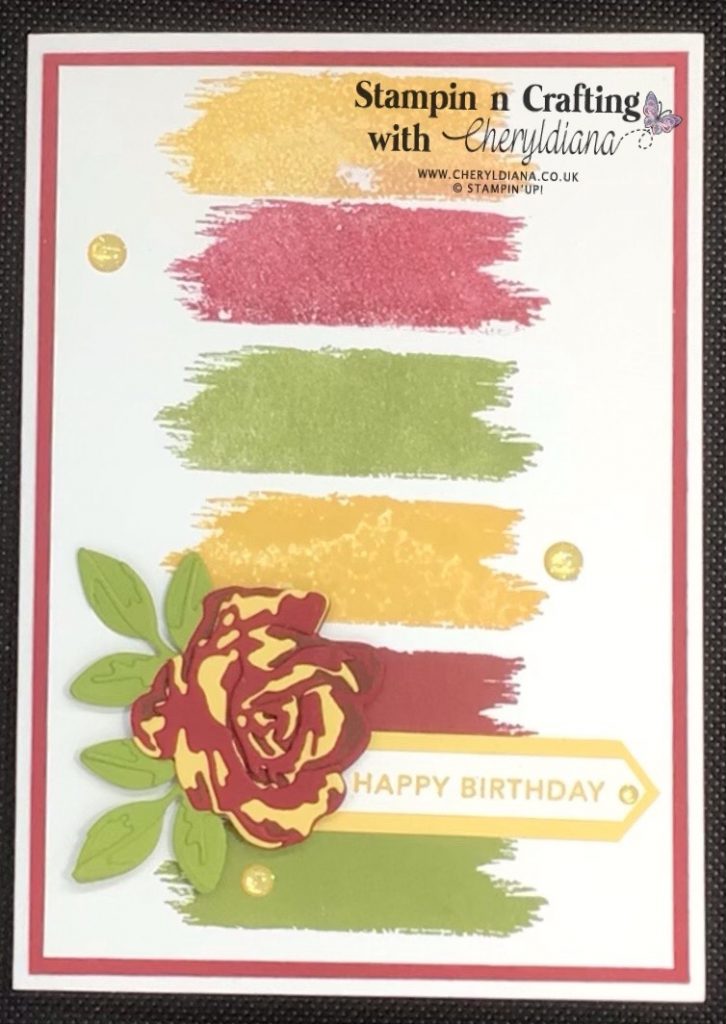 Photo of second Colour Combo birthday card using a Cherry Cobbler mat layer, Brushed Blooms stamp set and matching dies.