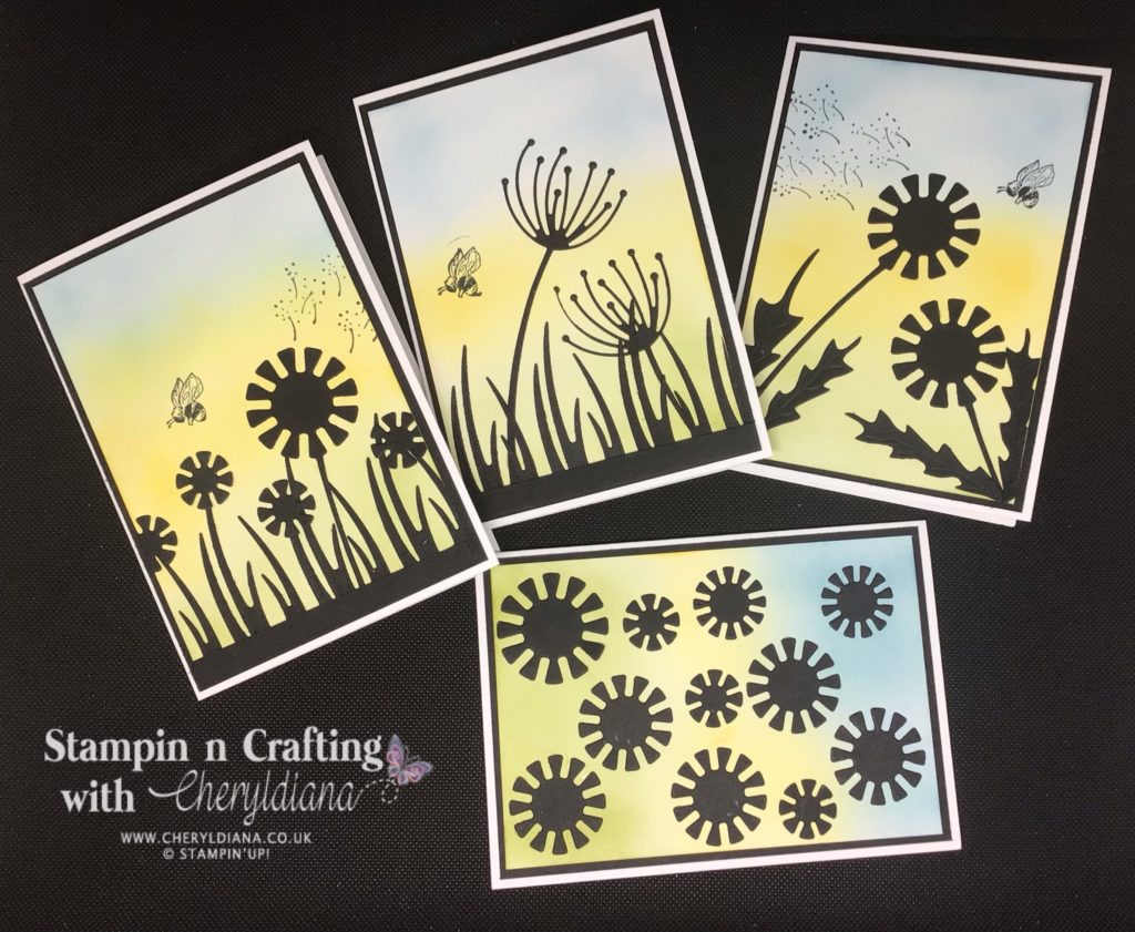 Four cards using blending brushes and die cut silhouettes
