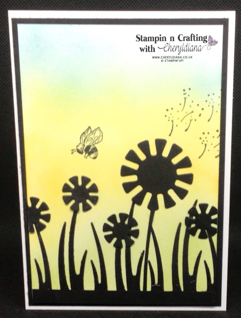 Card 3 showing the blending technique and die cut silhouettes with stamped bee and dandelion seeds.