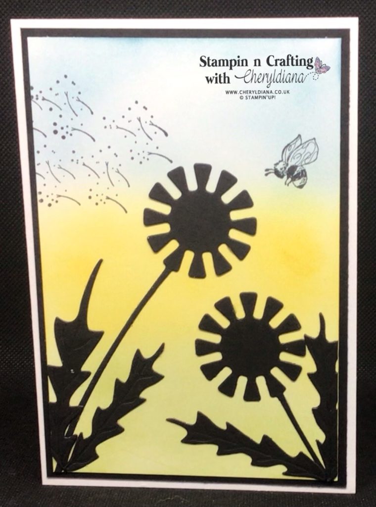 Card 2 showing the blending technique and die cut silhouettes with stamped bee and dandelion seeds.
