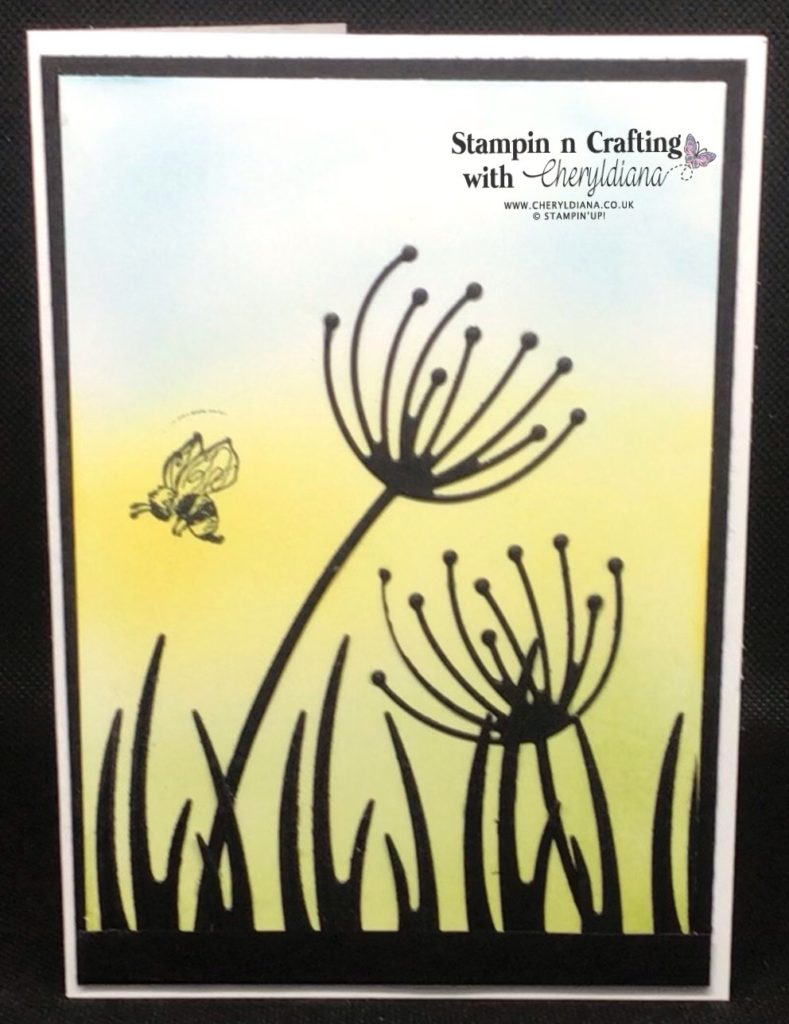 Card 1 showing the blending technique and die cut silhouettes with stamped bee.
