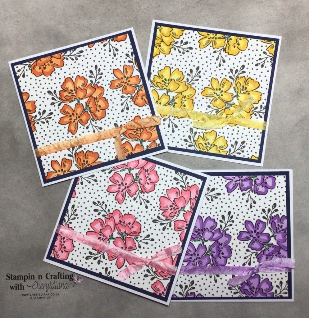 Photo of four completed Any Occasion Cards using colouring