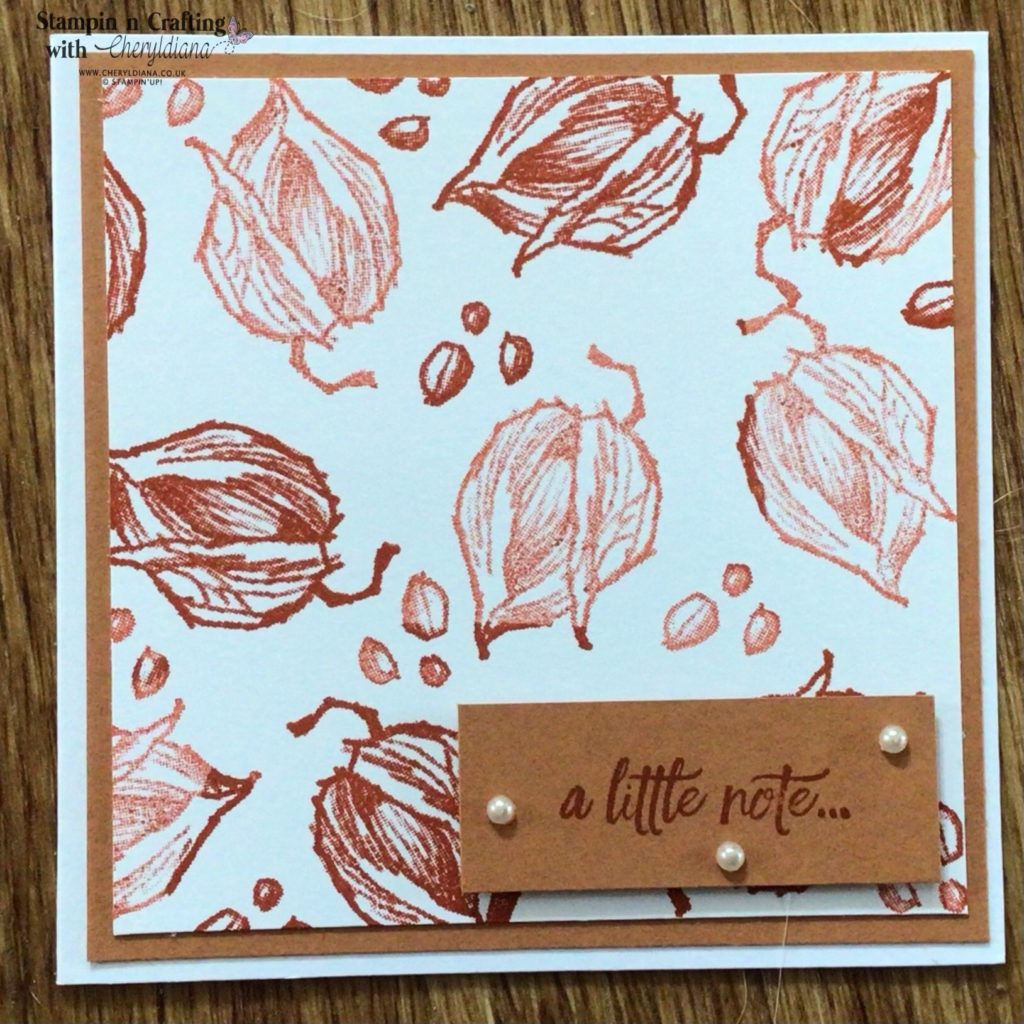 Photo of finished Autumn' a little note' card using a beech nut stamped image