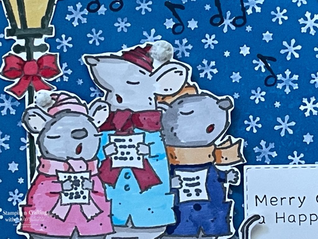 Photo of Caroling Mice coloured in using Blends for my Christmas in July card