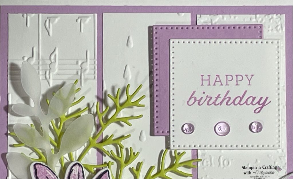 Photograph showing embossed strips and sentiment on my embossed Birthday Card