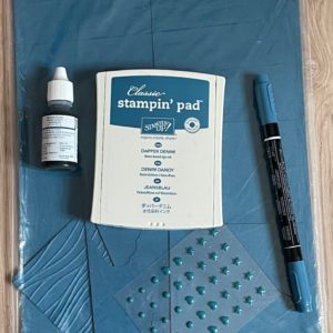Dapper Demin card stock, ink pad, ink refill, embellishments and Stampin' Write Marker