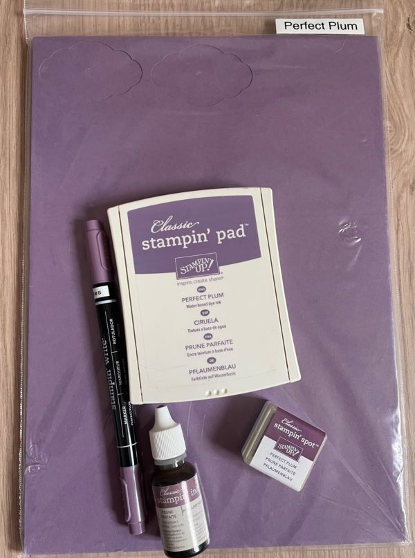 Perfect Plum card stock, ink pad, ink refill, Stampin' Write Marker and Stampin' Spot