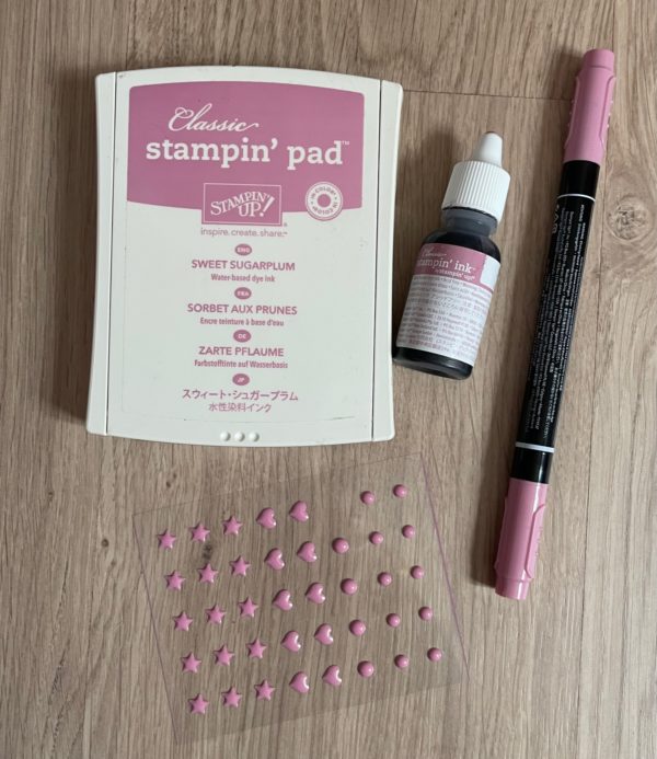 Sweet Sugarplum ink pad, ink refill, embellishments and Stampin' Write Marker