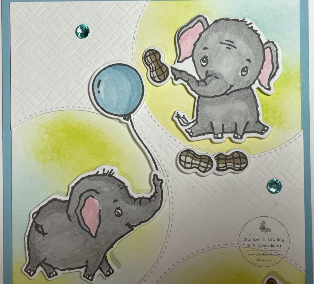 Photograph of stamped elephants coloured in for Baby Card