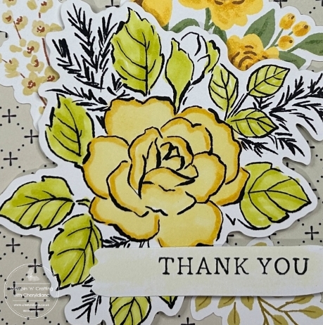 Photograph of coloured in flower image on front of my simple Thank You card,