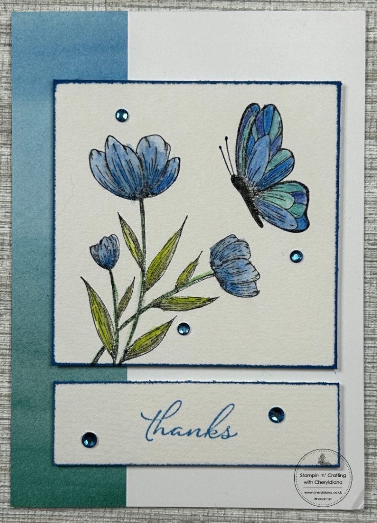 Photograph of finished Thank You card using water coloured images