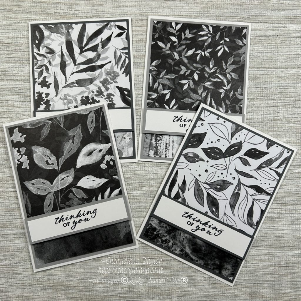 Photo of the 4 finished Monochrome Sympathy Cards