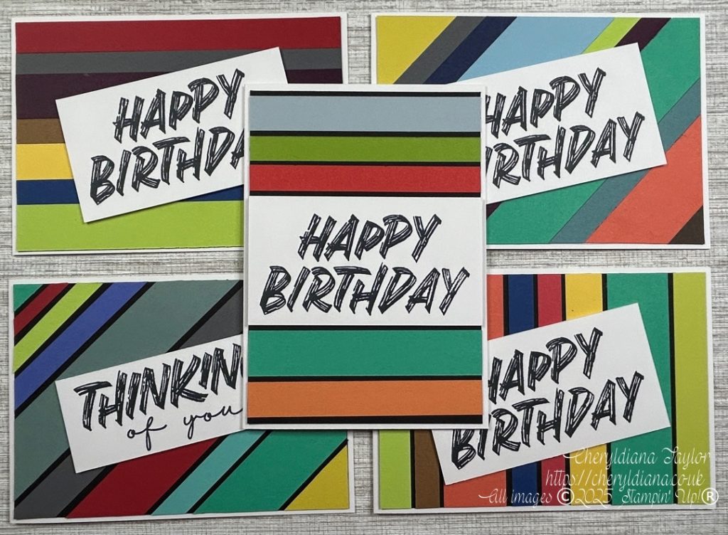 Photograph of 5 finished simple masculine cards using card stock strips.