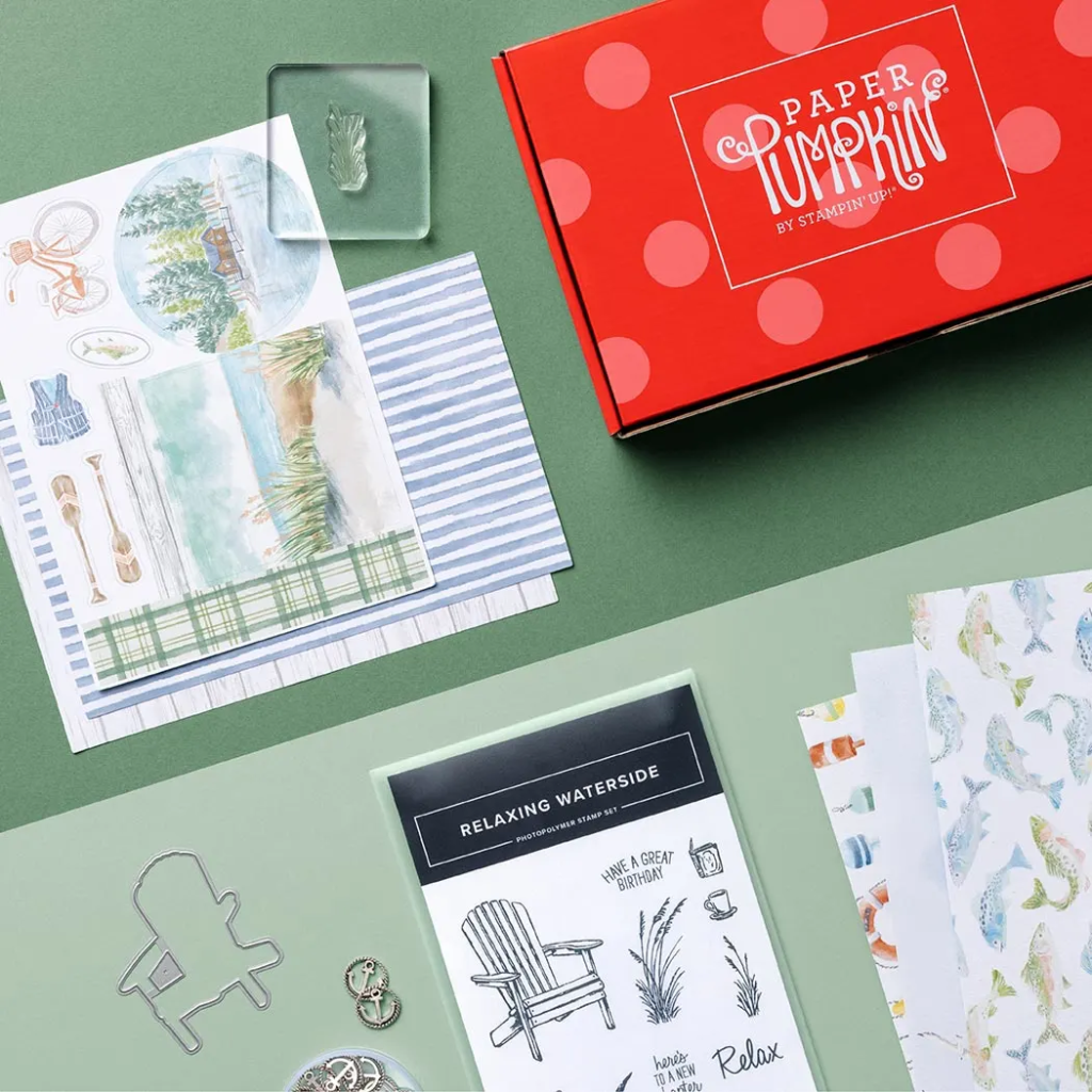 Photo of April 2026 Paper Pumpkin kit - Lakeside Retreat and a sneak peek of the coordinating Waterside Retreat Suite Collection. This kits makes gorgeous masculine birthday cards,