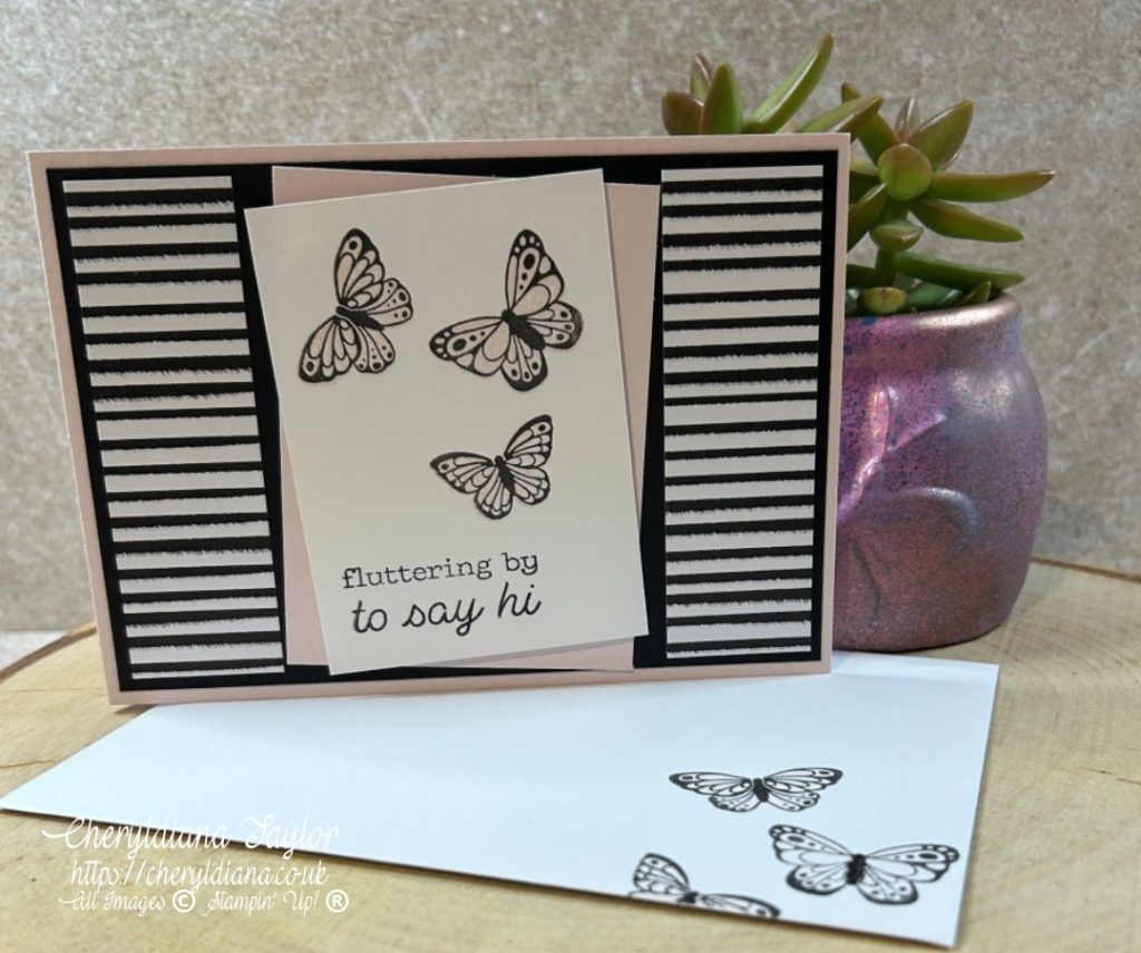 Photograph of my Stylish Monochromatic Card and matching envelope.