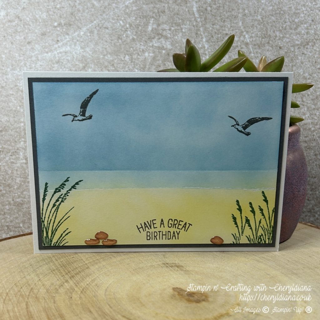Beautiful Relaxing Beach Birthday Card showing blended background.